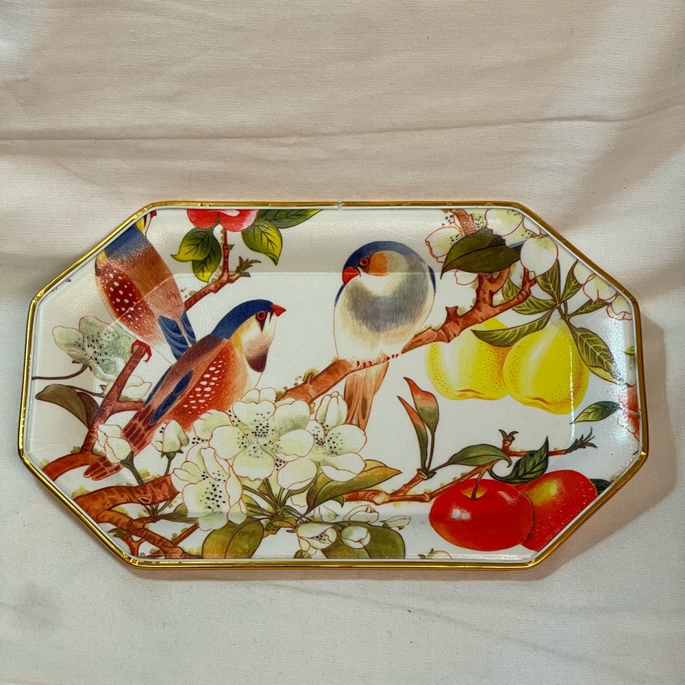 Vintage plastic serving tray Birds, Fruit & Floral gold trim